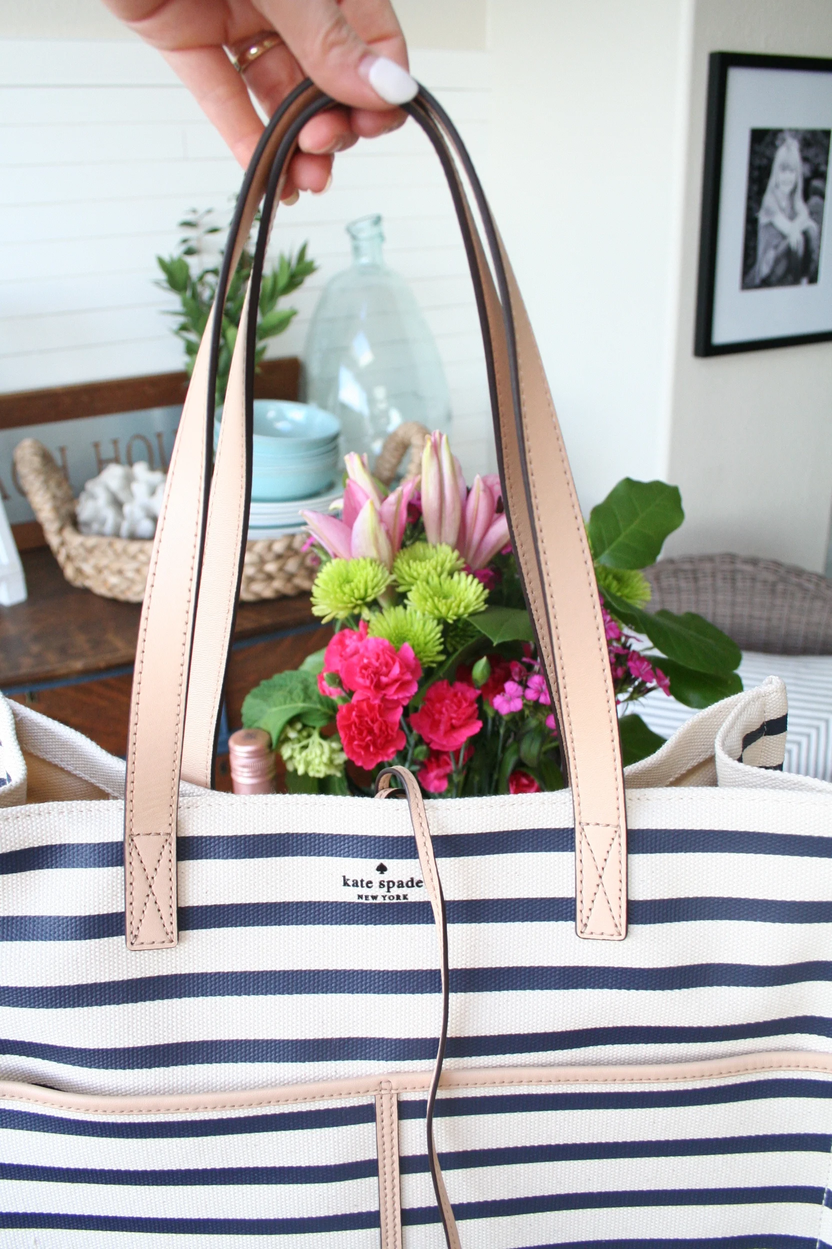 Kate spade pink and blue striped purse best sale